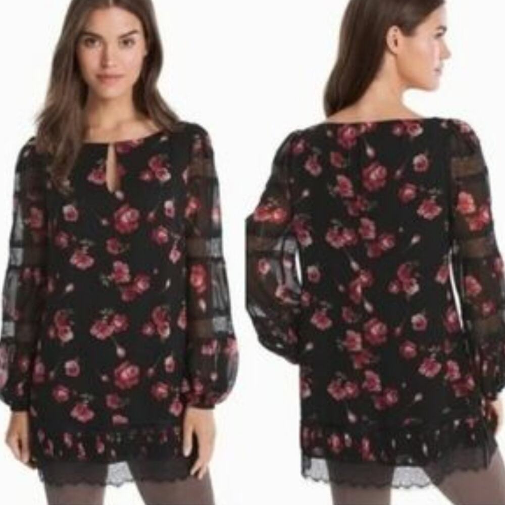 Whbm floral‎ lace trimmed long sheer sleeve mini dress size 8